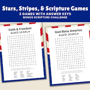 May include: Two word search games titled "Faith & Freedom" and "God Bless America" with patriotic themes. The games are on white paper with red and blue borders, featuring the text "Stars, Stripes, & Scripture Games".