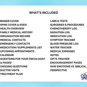 May include: A list of items included in a binder for a cancer patient. The list includes medical information, appointments, and emotional support resources.