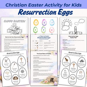 Puede incluir: Una actividad cristiana de Pascua para niños con "Resurrection Eggs". La imagen muestra páginas imprimibles con instrucciones, ilustraciones en forma de huevo y el texto "Happy Easter!" y "Resurrection Eggs."