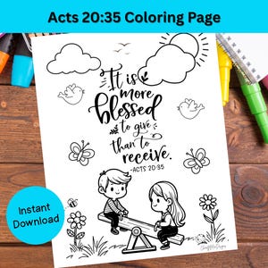 Acts 20:35 Scripture Coloring Page, Bible Verse Coloring Page, Instant Download, KJV Scripture Printable, Faith Gift, Kids/Adults Summer
