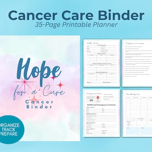 Peut inclure: Un planificateur imprimable de 35 pages pour le suivi du cancer, comprenant une couverture avec un fond aquarelle, le texte Hope for a Cure Cancer Binder, et quatre pages intérieures pour les informations de santé, questions et contacts.