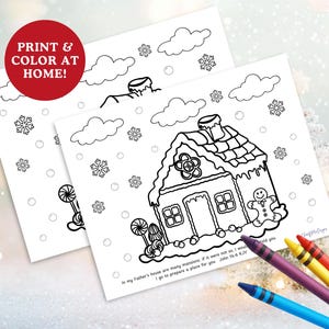 Puede incluir: Una página para colorear imprimible en blanco y negro que presenta una casa de jengibre con un hombre de jengibre de pie afuera. La casa tiene un bastón de caramelo y una piruleta en el frente. La página incluye el texto "En la casa de mi Padre hay muchas moradas; si no fuera así, os lo hubiera dicho; voy a preparar un lugar para vosotros." Juan 14:2 KJV.