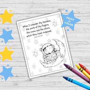 Psalms 8:3 Scripture Coloring Page, Bible Verse Coloring Page, Instant Download, Heavens Moon Stars, KJV Scripture Printable