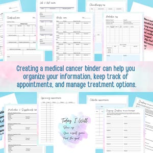 May include: A collection of printable pages for a medical cancer binder. The pages include sections for doctor visits, lab and test results, treatment plans, medication and supplements, chemotherapy logs, radiation logs, upcoming appointments, calendar appointments, and questions for your oncologist. The pages are decorated with watercolor-style backgrounds in shades of pink, blue, and purple.