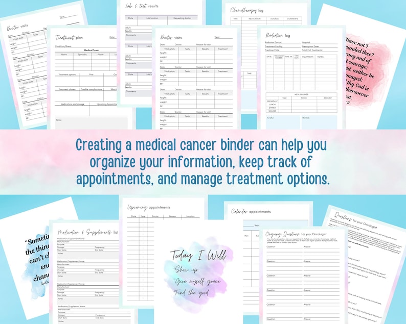 May include: A collection of printable pages for a medical cancer binder. The pages include sections for doctor visits, lab and test results, treatment plans, medication and supplements, chemotherapy logs, radiation logs, upcoming appointments, calendar appointments, and questions for your oncologist. The pages are decorated with watercolor-style backgrounds in shades of pink, blue, and purple.