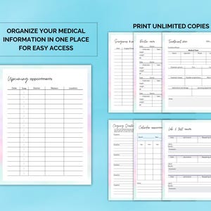 May include: Printable medical organizer with sections for upcoming appointments, doctor visits, treatment plans, ongoing questions, calendar appointments, and lab and test results. The organizer has a light blue background with a pink and blue gradient.