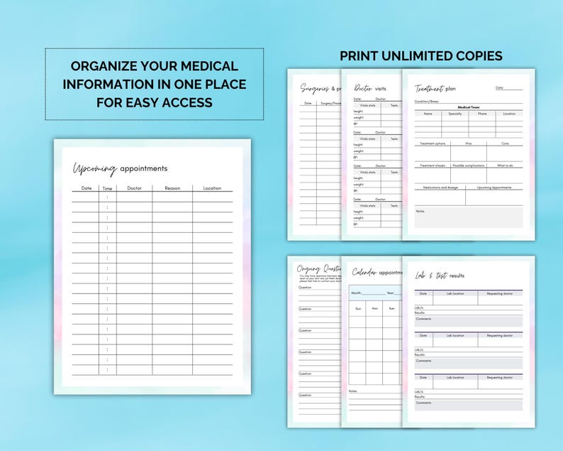 May include: Printable medical organizer with sections for upcoming appointments, doctor visits, treatment plans, ongoing questions, calendar appointments, and lab and test results. The organizer has a light blue background with a pink and blue gradient.