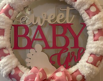 Baby  wreaths: Sweet Baby Girl Yarn Wreath-10 inch