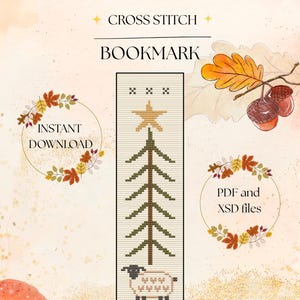 May include: A cross stitch bookmark pattern featuring a tall green pine tree topped with a gold star and a small sheep standing at the base. The design includes the text CROSS STITCH BOOKMARK, INSTANT DOWNLOAD, and PDF and XSD files on a light background.