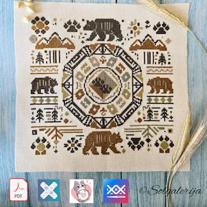 Nature Mandala Cross Stitch Pattern: Bears Primitive Embroidery Chart (PDF)