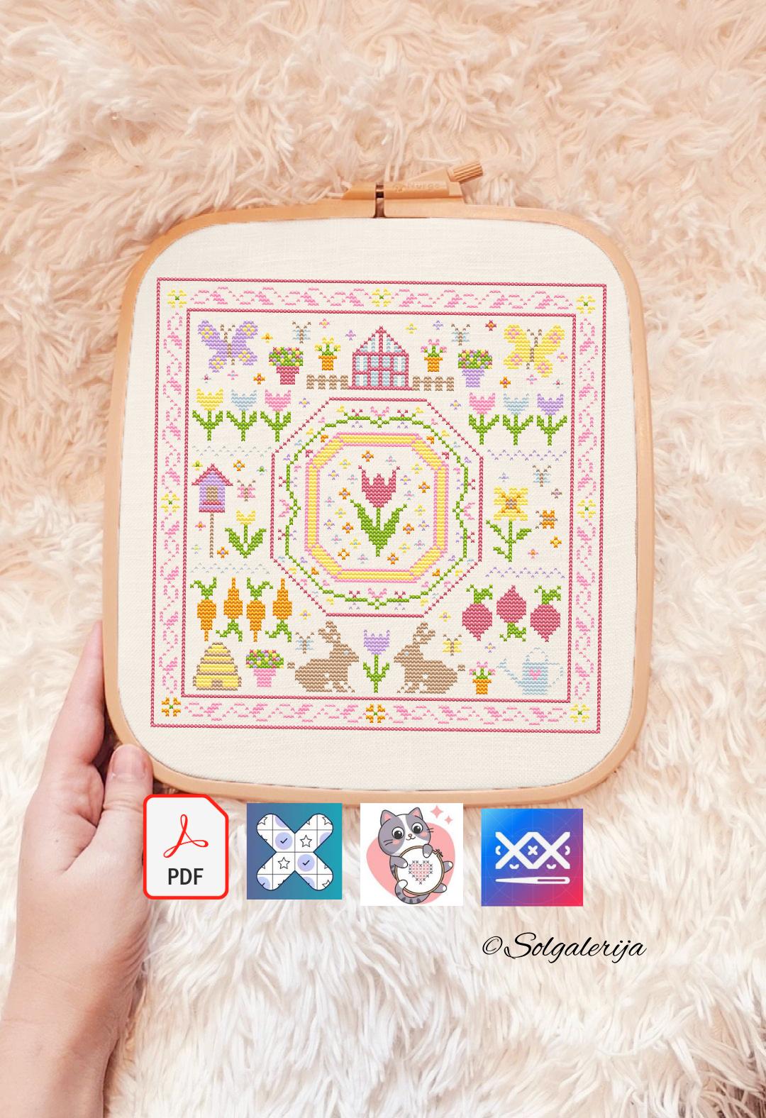 Cross Stitch Pattern Spring Garden Sampler Primitive PDF Chart for ...