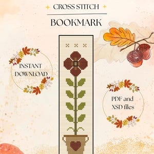 Puede incluir: Un patrón de marcapáginas de punto de cruz con una flor alta en una maceta con un diseño de corazón. El texto dice CROSS STITCH BOOKMARK, INSTANT DOWNLOAD y PDF and XSD files. El diseño incluye una flor marrón, hojas verdes y una maceta.