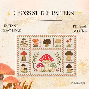 Puede incluir: Un patrón de punto de cruz con varias ilustraciones de setas dispuestas en una cuadrícula. El texto dice CROSS STITCH PATTERN, INSTANT DOWNLOAD y PDF and XSD files. El diseño incluye motivos de setas rojas, marrones, naranjas y verdes.