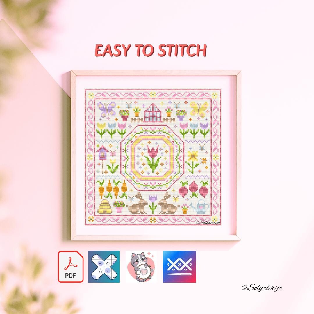 Cross Stitch Pattern Spring Garden Sampler Primitive PDF Chart for ...