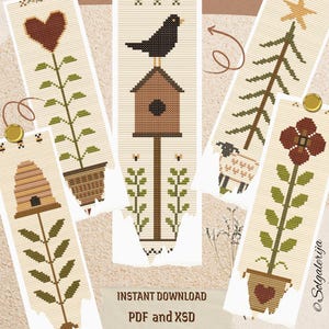 Puede incluir: Una colección de cinco patrones de punto de cruz para marcapáginas con diseños de una colmena, una planta con corazón, una casa de pájaros con un ave, una oveja con un árbol y una flor en maceta. El texto dice Bookmarks Collection, 5 in 1!!!!, y INSTANT DOWNLOAD PDF and XSD.