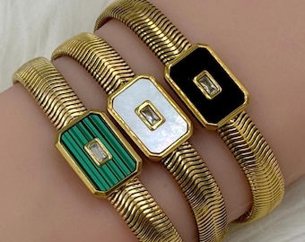 Waterproof Gold Bracelet ,18K Gold PVD Plated ,Mother of Pearl or Enamel, Snake Chain,Vintage Style ,Minimalist Gift,Gold Bracelet for Women