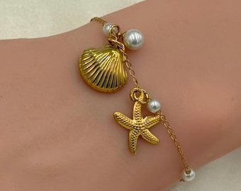 Sheasell Bracelet- 18K Gold Pvd Plated, Shell, Beach Jewelry, Waterproof Non-Tarnish,Bracelet Pearl,Anklet Bracelet,Everyday Wear,Handmade