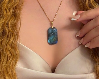 Natural Labradorite Blue Flash Pendant with 18K Gold PVD Plated Chain,Hypoallergenic,Water-resistant Finish