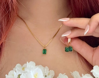 18k Gold Plated Zircon Necklace -Emerald Pendant,Waterproof,Handmade,Valentine Gift