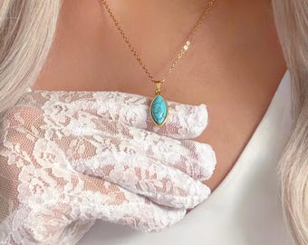 天然ターコイズストーンネックレス - 18K PVDメッキ、本物のターコイズ 