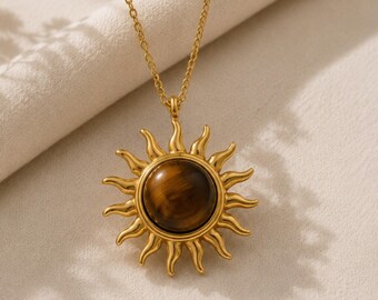 Natural Tiger's Eye Necklace,18K Gold Pvd Plated,Hypoallergenic,Minimalist Jewelry,Necklace for Women