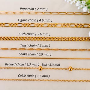May include: A collection of gold-toned metal chains labeled with their specific styles and widths: Paperclip 2 mm, Figaro chain 4.6 mm, Curb chain 3.6 mm, Twist chain 2 mm, Snake chain 0.9 mm, Beaded chain 1.7 mm with 3.3 mm balls, and Cable chain 1.5 mm.