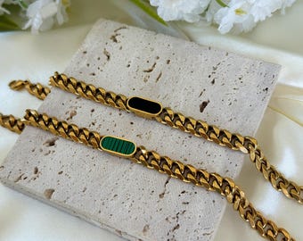 18K Pvd Gold Plated Bracelet – Waterproof Non Tarnish, Stainless Steel, Cuban Link, Green&Black Enamel ,Gift for Her,Bracelet for Women
