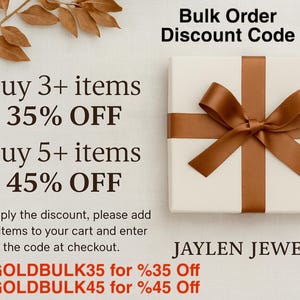 May include: A white gift box with a brown ribbon and bow, with text indicating a bulk order discount. The text reads "Buy 3+ items 35% OFF" and "Buy 5+ items 45% OFF". The brand name "JAYLEN JEWELRY" is also visible.