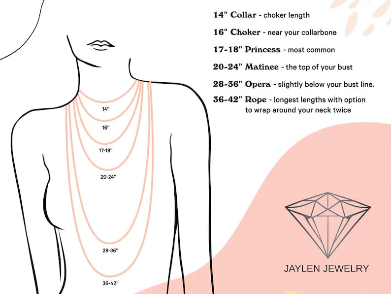 May include: Diagram illustrating necklace lengths, with measurements in inches. Includes a visual guide showing how different lengths, from 14" to 36-42", will appear when worn. Text details necklace styles: Collar, Choker, Princess, Matinee, Opera, and Rope. The Jaylen Jewelry logo is at the bottom.