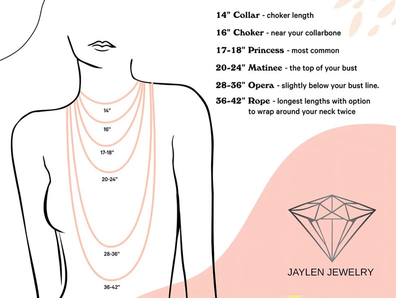 Puede incluir: Diagrama que ilustra las longitudes de los collares, con medidas en pulgadas. Incluye una gu&iacute;a visual que muestra c&oacute;mo aparecer&aacute;n diferentes longitudes, de 35.5 cm a 91.4-106.7 cm, cuando se usan. El texto detalla los estilos de collar: Collar, Choker, Princess, Matinee, Opera y Rope. El logotipo de Jaylen Jewelry est&aacute; en la parte inferior.