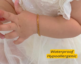 Pulsera de oro para bebé: Cadenas chapadas en oro PVD de 18 quilates, joyería para recién nacidos, hipoalergénica.