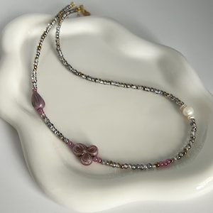 The Purple-Necklace, mixed bead necklace, Czech bead, Freshwater Pearl necklace, Glass , Beaded choker, Beaded necklace, Adjustable necklace