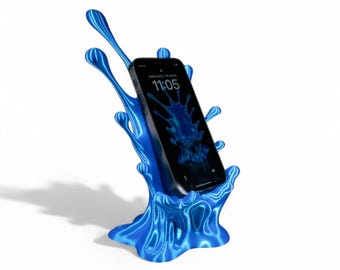 Soporte para teléfono con temática de salpicaduras impreso en 3D: elegante soporte para teléfono celular azul vibrante: diseño moderno único