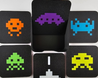 Juego de 6 posavasos impresos en 3D de Space Invaders: regalo retro para gamers, posavasos únicos, decoración geek para el hogar, juego de posavasos estilo arcade