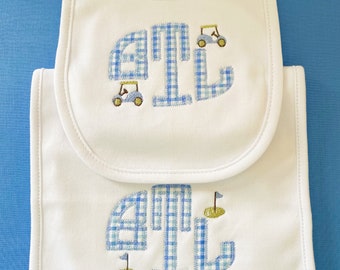 Monogrammed Golf Bib Burp Cloth Set/ Personalized Bib Burp Cloth/ Golf Monogram applique/ Baby/ Toddler