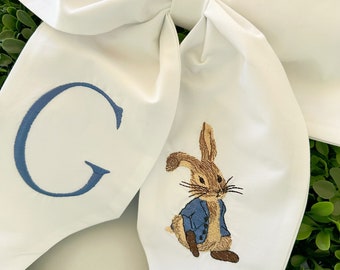 Peter Rabbit Embroidered Monogrammed Wreath Sash Bow, Easter Wreath Sash Bow, Easter Bunny Wreath Sash Bow, Baby Shower Wreath Sash Bow
