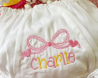 Baby Girl Personalized Embroidered Bloomers With Bow and Hearts / Personalized Diaper Cover/Heirloom