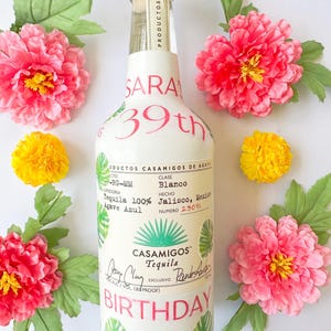 Custom Made, Painted, Decoupage, Decorated Champagne or Liquor Bottle for Birthday, Milestone Birthday, Pink and Green Palms