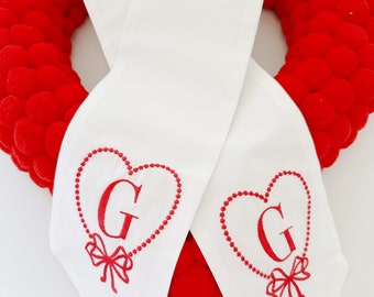 Valentine Embroidered Monogrammed Wreath Sash Bow, Heart Wreath Sash Bow, Anniversary Embroidered Monogrammed Wreath Sash Bow