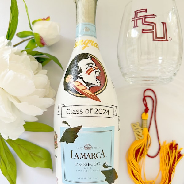 Custom Made, Painted, Decoupage, Decorated Bottle Design For College Graduation, Masters, Photo Prop, Graduation Pictures