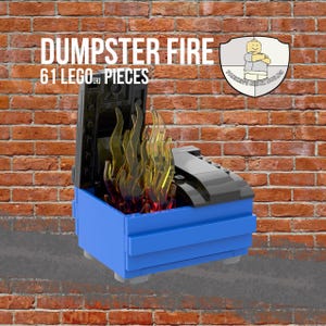 May include: A blue LEGO dumpster with a black lid and transparent yellow and red flames. The text "DUMPSTER FIRE" and "61 LEGO PIECES" is displayed above the dumpster. A logo for Parker's Brick Builds is in the upper right corner.