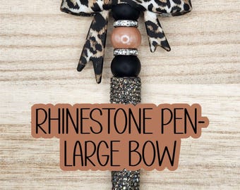 RHINESTONE BEADED PEN- Large Bow - Coffee Leopard