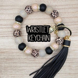 WRISTLET KEYCHAIN-Beaded Bracelet Keychain "Gold & Cream Leopard"
