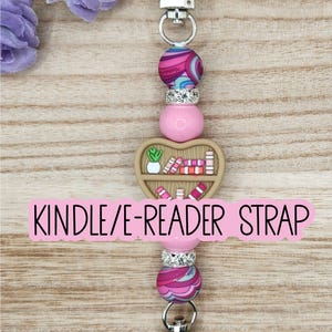 KINDLE/E-READER STRAP-Beaded Interchangeable Strap - "Heart Bookshelf-Light Wood" (Silver Hardware)