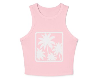 Camiseta de tirantes con estampado de palmeras tropicales: ideal para playa, vacaciones, fitness, ropa informal y como regalo.