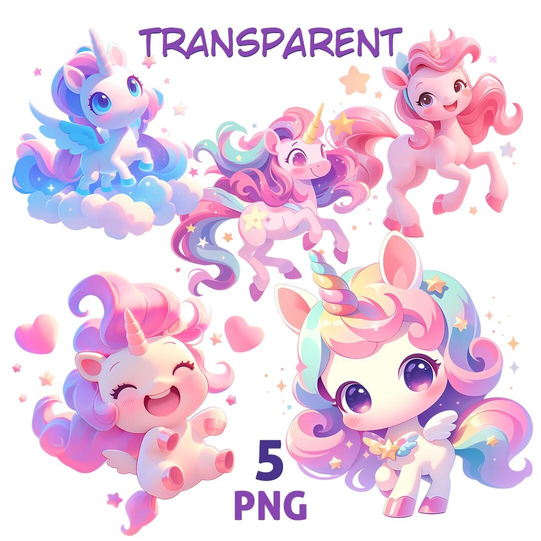 5 PNG Unicorn Clipart Bundle 1, Magical Pastel Unicorn Graphics, Cute ...