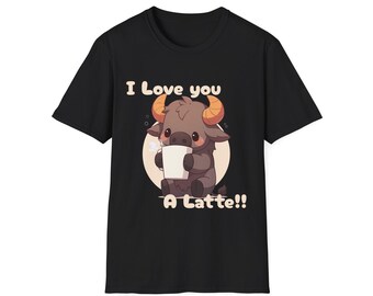 Chibi Minotaur Coffee Lover T-Shirt, Cute Fantasy Tee, I Love You a Latte Shirt, Mythical Creature Top, Coffee Drinker Gift, Unisex