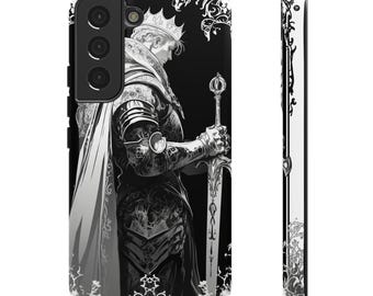 King Arthur Black White Phone Case Design, Medieval Knight Tough Case, Excalibur Sword Cover, Armor Shield, Camelot Gift, Round Table Decor