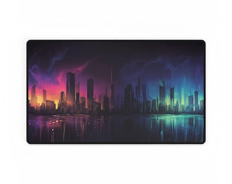 Desk Mats, Cyberpunk Skyline Design, Gaming Mouse Pad, Office Desk Accessory, Computer Desk Decor, Urban Cityscape Desk Mat