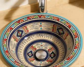Ceramic Sink Handmade Moroccan Basin – Hand-Painted Colorful Bathroom Vessel, Artisan Talavera Style Wash Basin, Boho Bathroom Décor